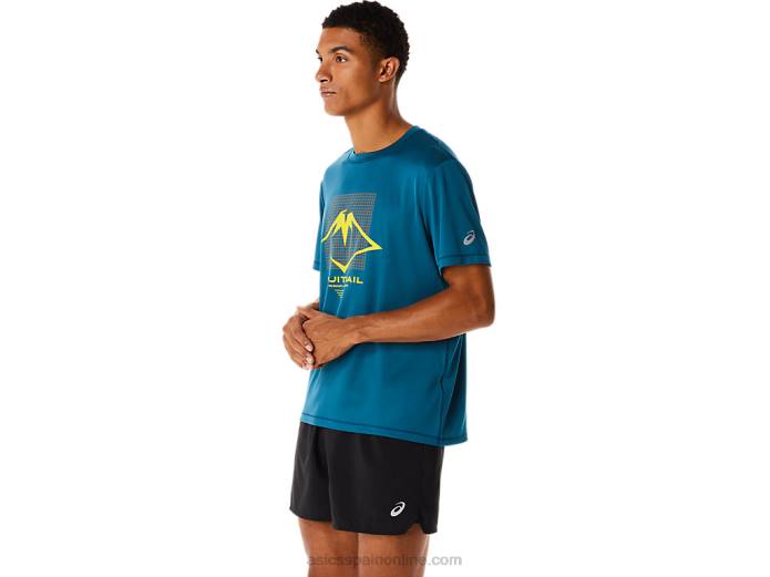 camiseta de manga corta con logo fujitrail para hombre Asics 4L68436 tinta verde azulado