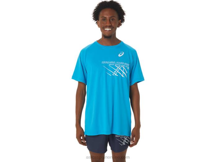 top de manga corta con gráfico de línea de meta para hombre Asics 4L68237 isla azul