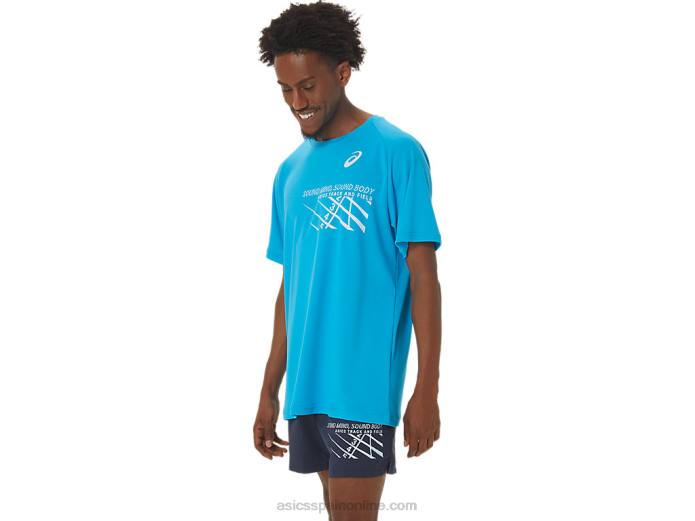 top de manga corta con gráfico de línea de meta para hombre Asics 4L68237 isla azul