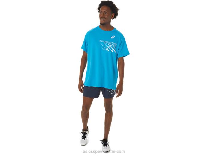 top de manga corta con gráfico de línea de meta para hombre Asics 4L68237 isla azul