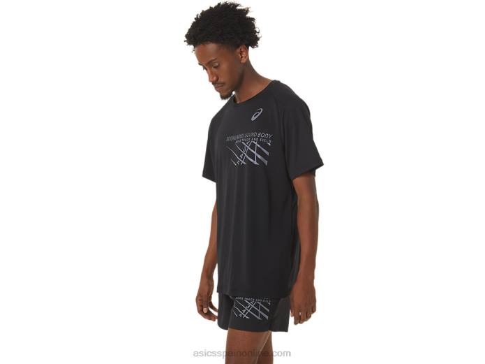 top de manga corta con gráfico de línea de meta para hombre Asics 4L68249 rendimiento negro