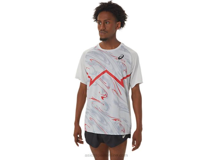 top ligero de manga corta cj-line para hombre Asics 4L68258 gris glaciar/rojo eléctrico