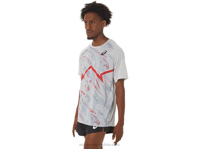 top ligero de manga corta cj-line para hombre Asics 4L68258 gris glaciar/rojo eléctrico