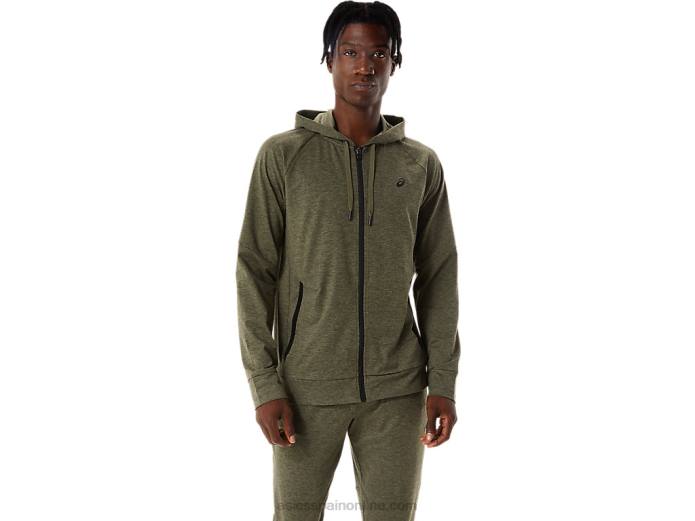 sudadera con cremallera completa de tecnología para hombre Asics 4L68851 manto verde jaspeado/perforado negro