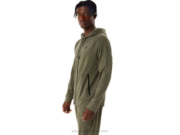 sudadera con cremallera completa de tecnología para hombre Asics 4L68851 manto verde jaspeado/perforado negro