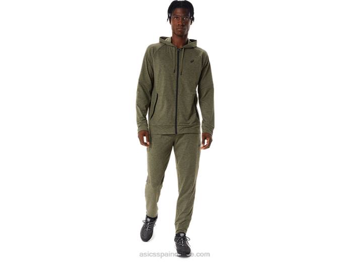 sudadera con cremallera completa de tecnología para hombre Asics 4L68851 manto verde jaspeado/perforado negro