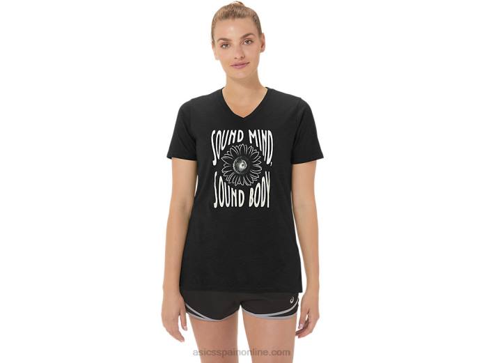 camiseta de mujer con cuello de pico y eslogan de girasoles Asics 4L682191 rendimiento negro