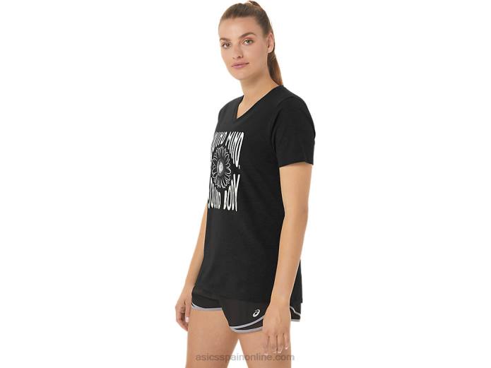 camiseta de mujer con cuello de pico y eslogan de girasoles Asics 4L682191 rendimiento negro