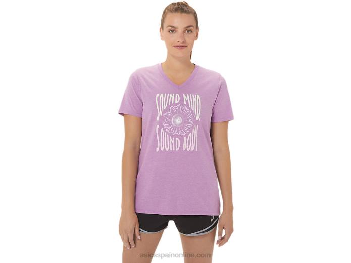 camiseta de mujer con cuello de pico y eslogan de girasoles Asics 4L682778 brezo orquídea