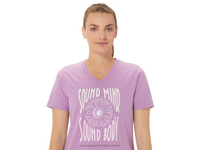 camiseta de mujer con cuello de pico y eslogan de girasoles Asics 4L682778 brezo orquídea