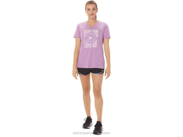 camiseta de mujer con cuello de pico y eslogan de girasoles Asics 4L682778 brezo orquídea