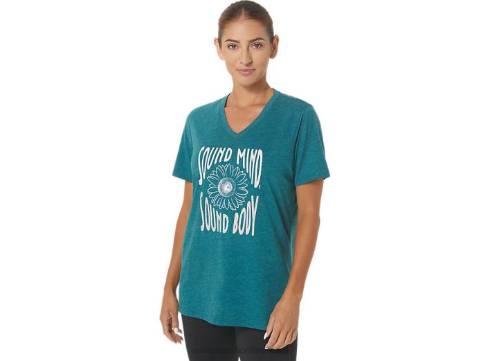 camiseta de mujer con cuello de pico y eslogan de girasoles Asics 4L682812 brezo de pino de terciopelo