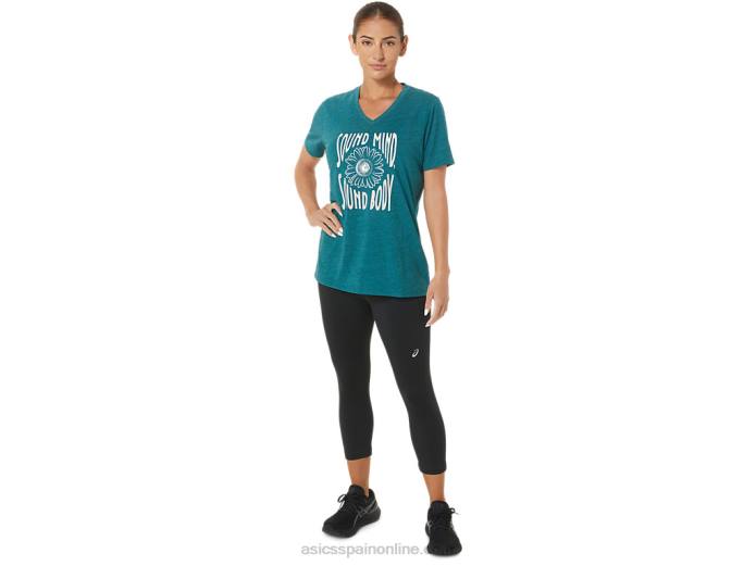 camiseta de mujer con cuello de pico y eslogan de girasoles Asics 4L682812 brezo de pino de terciopelo