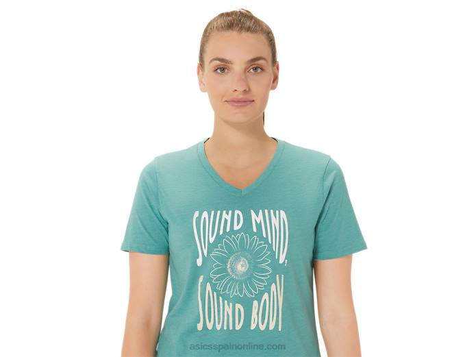 camiseta de mujer con cuello de pico y eslogan de girasoles Asics 4L682814 brezo sabio