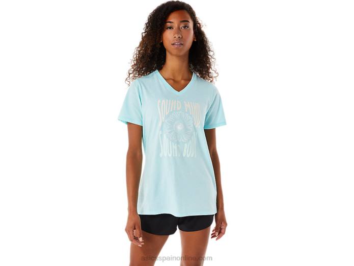 camiseta de mujer con cuello de pico y eslogan de girasoles Asics 4L683144 azul claro