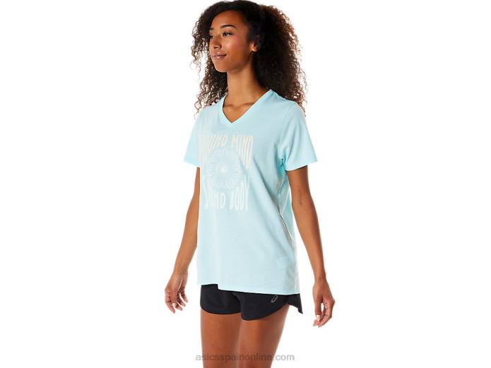camiseta de mujer con cuello de pico y eslogan de girasoles Asics 4L683144 azul claro