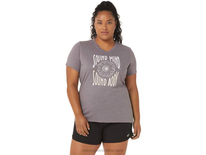 camiseta de mujer con cuello de pico y eslogan de girasoles Asics 4L683201 lavanda gris brezo