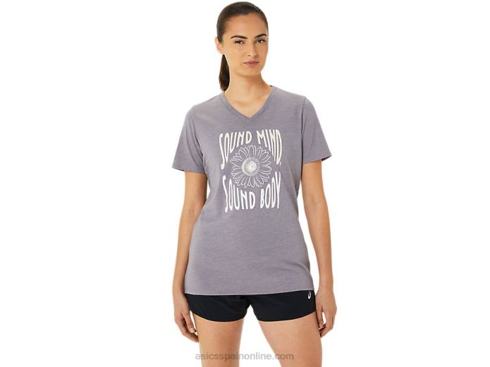 camiseta de mujer con cuello de pico y eslogan de girasoles Asics 4L683201 lavanda gris brezo