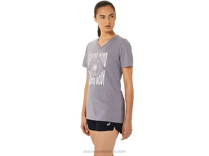 camiseta de mujer con cuello de pico y eslogan de girasoles Asics 4L683201 lavanda gris brezo