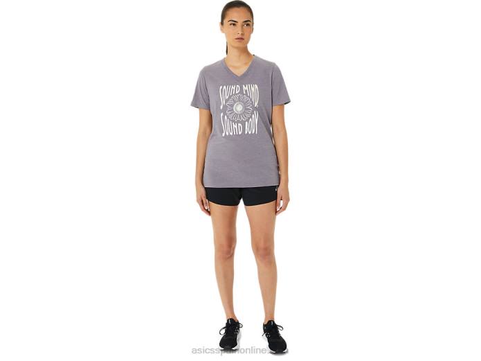 camiseta de mujer con cuello de pico y eslogan de girasoles Asics 4L683201 lavanda gris brezo