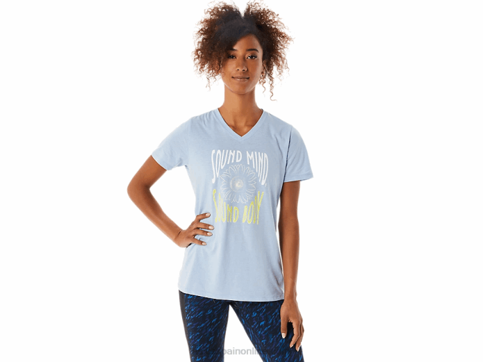 camiseta de mujer con cuello de pico y eslogan de girasoles Asics 4L683322 brezo de niebla