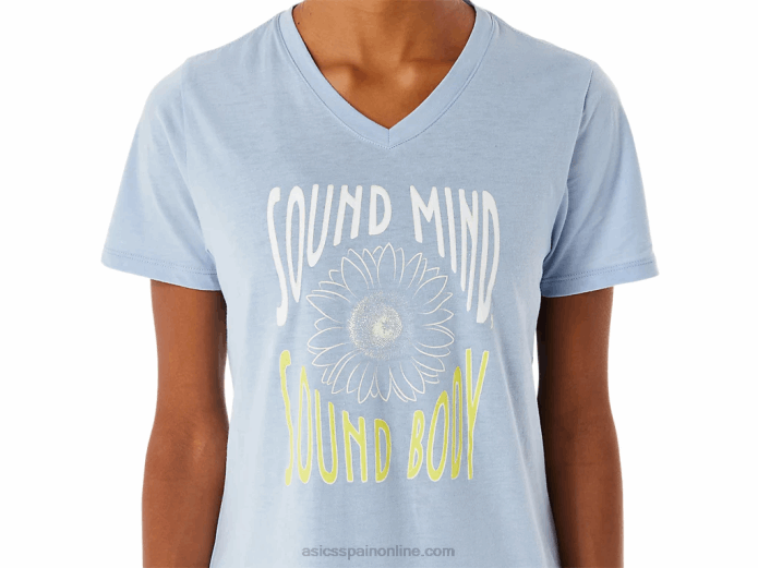 camiseta de mujer con cuello de pico y eslogan de girasoles Asics 4L683322 brezo de niebla