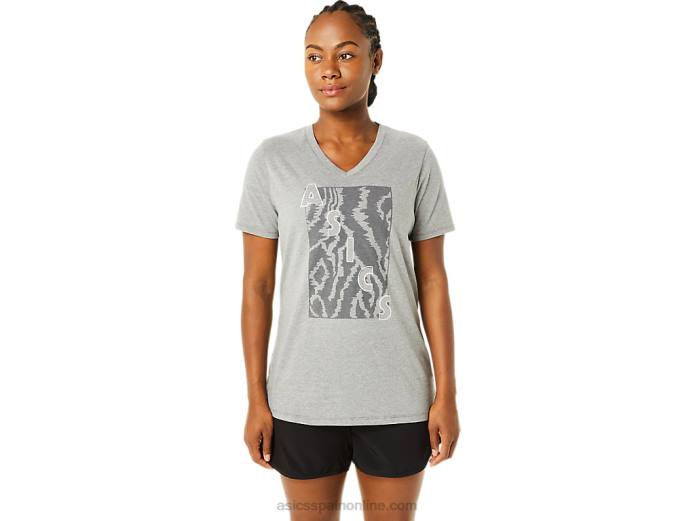 camiseta de mujer con cuello en v y manga corta estampada Asics 4L683626 brezo gris medio