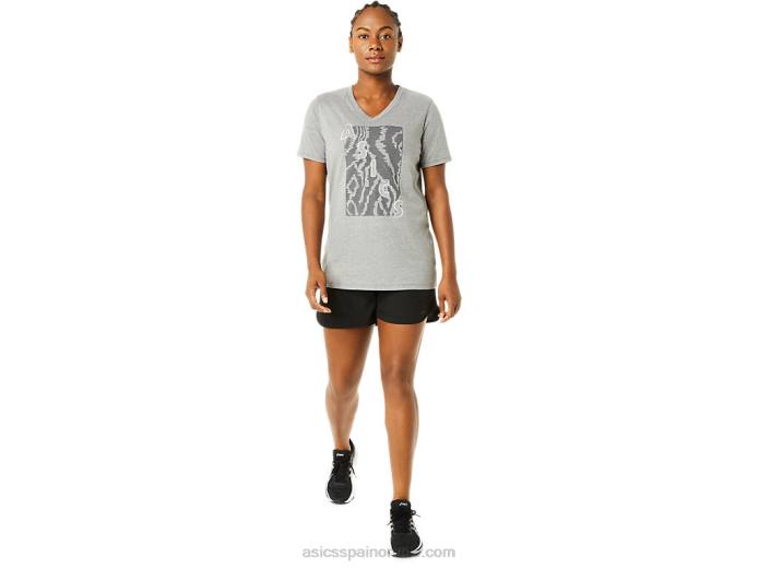 camiseta de mujer con cuello en v y manga corta estampada Asics 4L683626 brezo gris medio