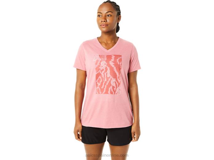 camiseta de mujer con cuello en v y manga corta estampada Asics 4L683707 brezo rosa ahumado