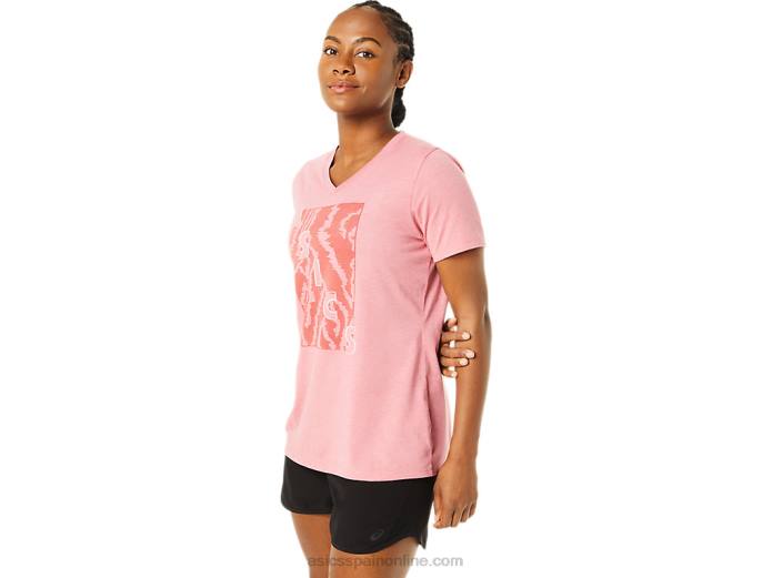 camiseta de mujer con cuello en v y manga corta estampada Asics 4L683707 brezo rosa ahumado