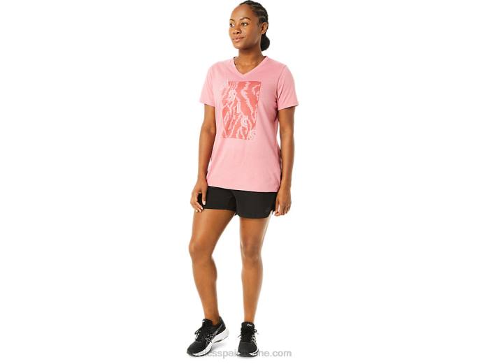 camiseta de mujer con cuello en v y manga corta estampada Asics 4L683707 brezo rosa ahumado