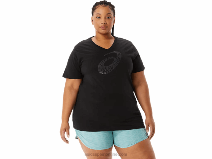 cuello en v con estampado de tigre aerografiado en espiral 'a' para mujer Asics 4L683183 rendimiento negro