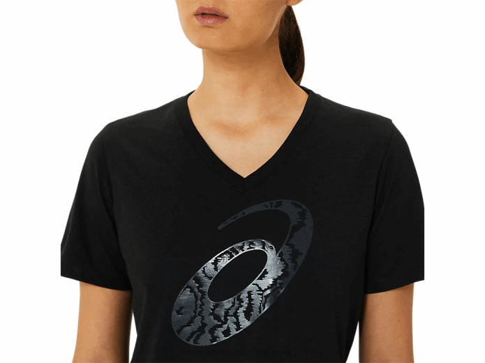 cuello en v con estampado de tigre aerografiado en espiral 'a' para mujer Asics 4L683183 rendimiento negro