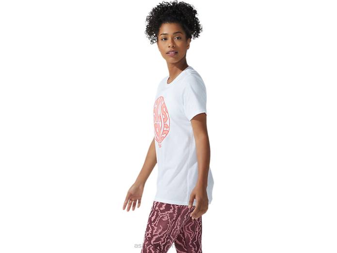 nueva camiseta con gráfico strong 92 para mujer Asics 4L683782 blanco brillante/coral ardiente