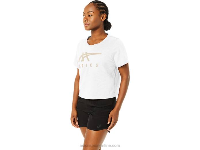 playera boxy de manga corta con rayas para mujer Asics 4L682718 blanco brillante