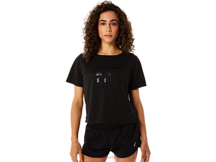 playera boxy de manga corta con rayas para mujer Asics 4L682815 rendimiento negro