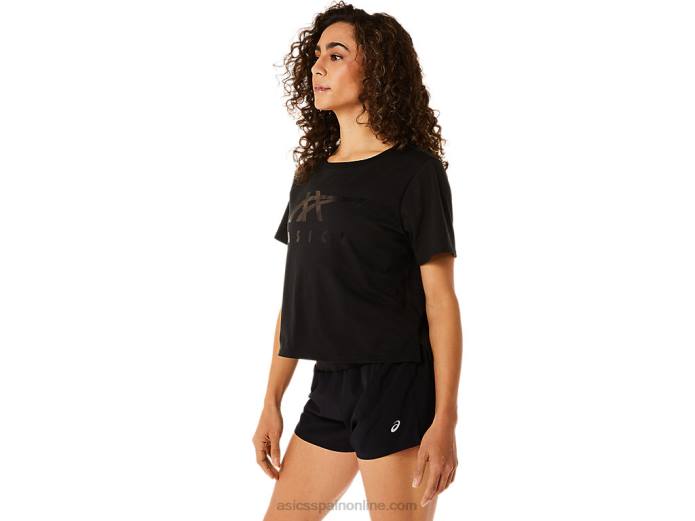 playera boxy de manga corta con rayas para mujer Asics 4L682815 rendimiento negro
