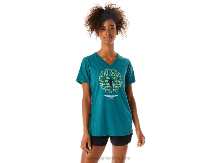 playera con cuello en V para mujer Asics 4L683319 brezo de pino de terciopelo