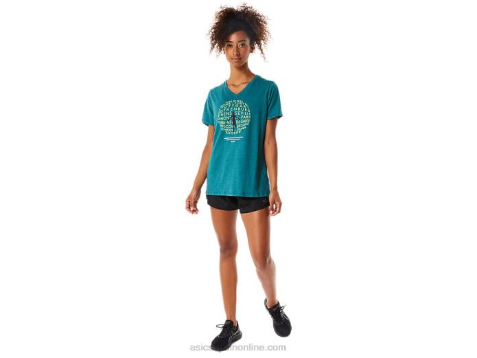 playera con cuello en V para mujer Asics 4L683319 brezo de pino de terciopelo