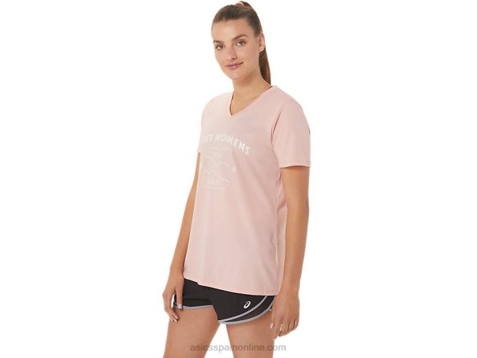 playera con cuello en V para mujer run club Asics 4L682813 rosa helada