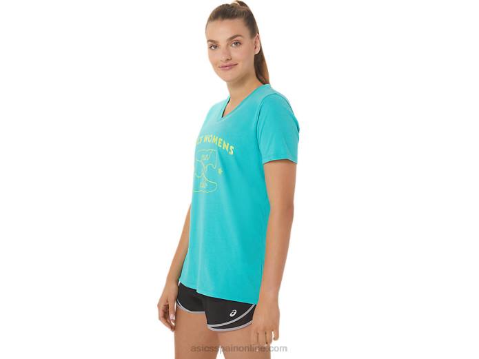 playera con cuello en V para mujer run club Asics 4L682989 cristal marino