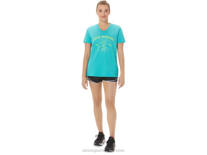 playera con cuello en V para mujer run club Asics 4L682989 cristal marino