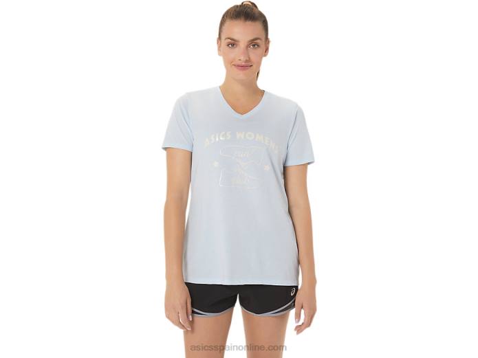 playera con cuello en V para mujer run club Asics 4L683066 cielo suave