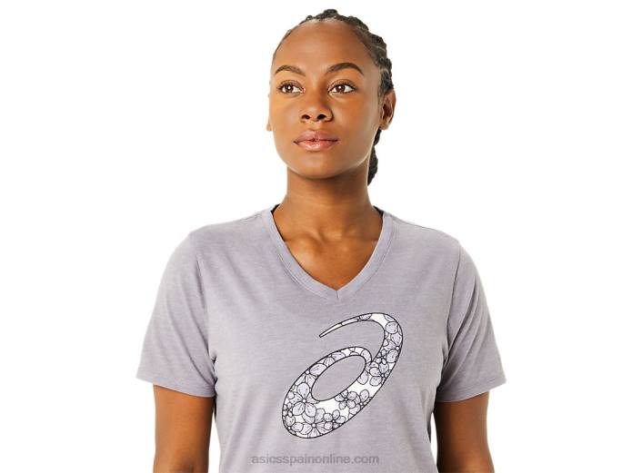 playera de manga corta con cuello en v de flor de cerezo para mujer Asics 4L683644 lavanda gris brezo