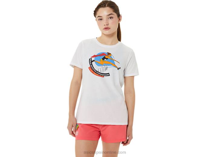 playera de manga corta gráfica para mujer Asics 4L683215 blanco brillante