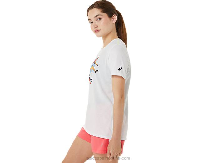 playera de manga corta gráfica para mujer Asics 4L683215 blanco brillante