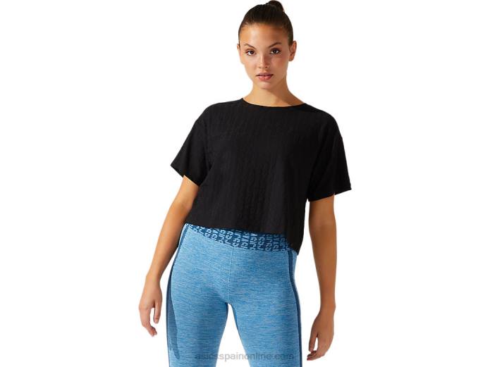 playera recortada de mujer en jacquard con logo Asics 4L683963 rendimiento negro
