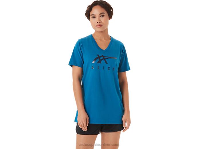 rayas de mujer con cuello en v Asics 4L683420 azul renacido