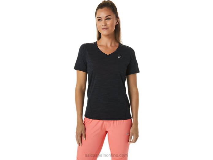 top de manga corta con cuello en v de carrera para mujer Asics 4L682448 rendimiento negro/gris carbón