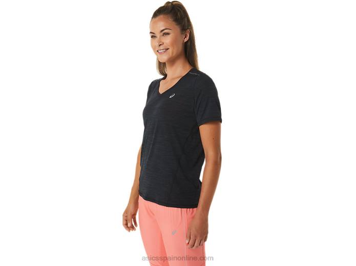 top de manga corta con cuello en v de carrera para mujer Asics 4L682448 rendimiento negro/gris carbón